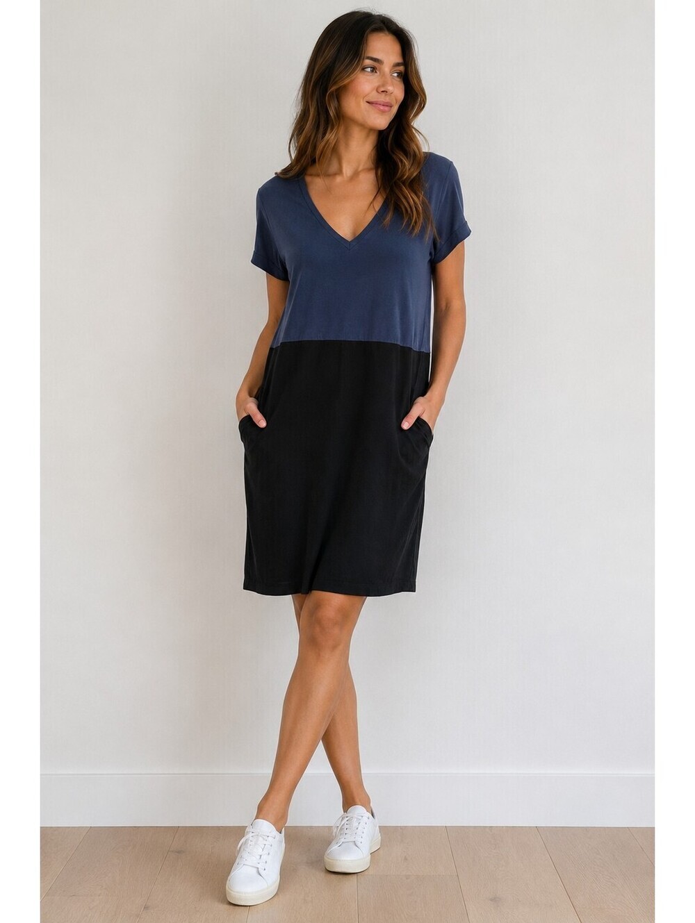 Dolan Left Coast Collection Color Block V-Neck Dress Cupro Tencel Blue Black